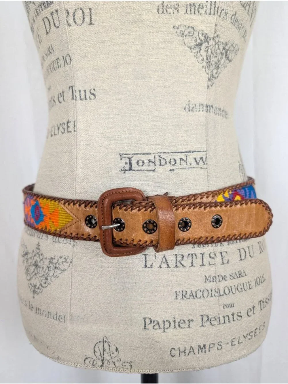 Vintage 90s Guatemalan Indigenous Belt 34 Medium Tan Leather